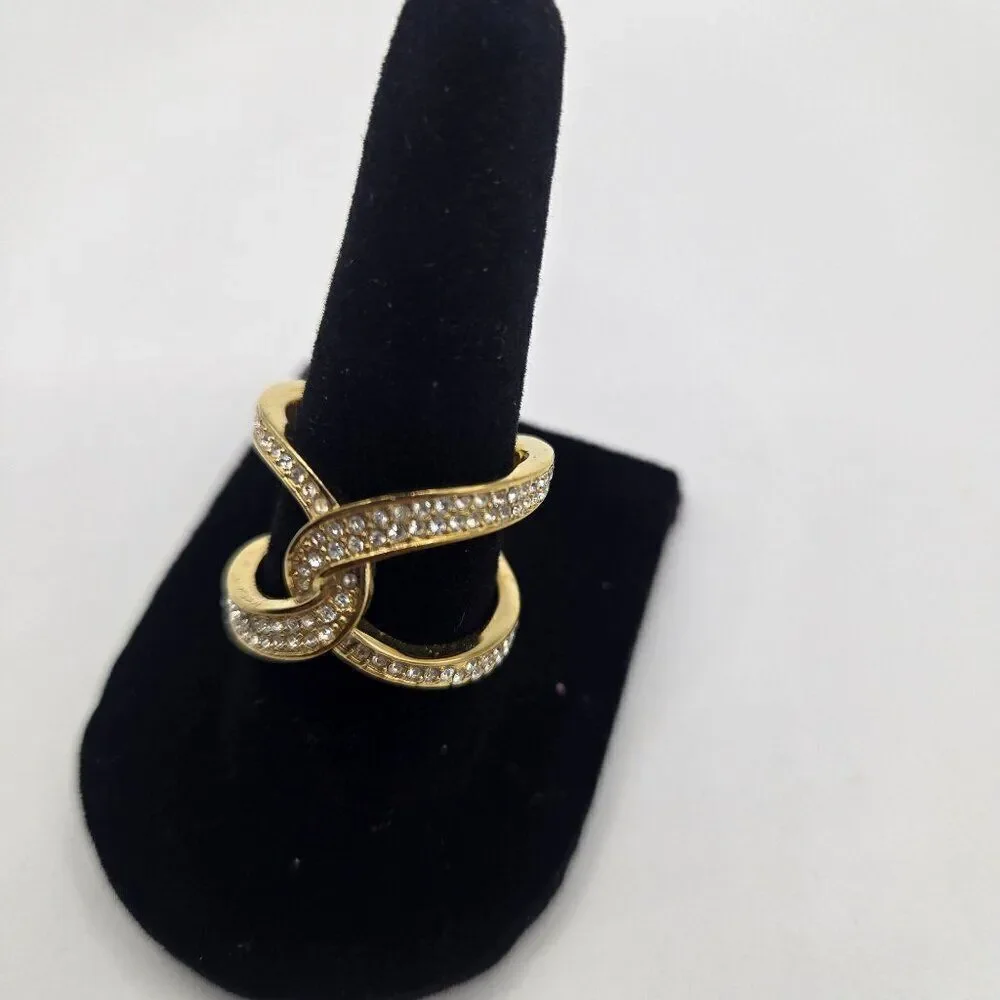 Michael Kors Gold-Tone Knot Crossover Interlocking Crossover Crystal Ring Size 7